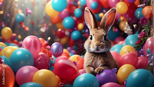 A mischievous rabbit with a twinkle in its eye, peeking out from behind a colorful array of balloons in a whimsical wonderland. photo