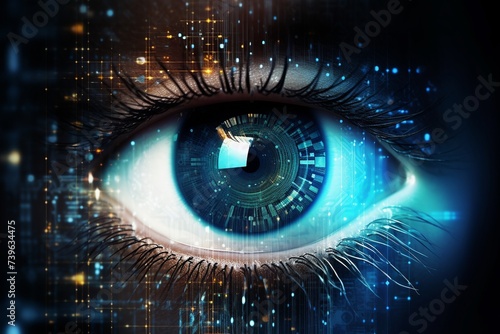Futuristic woman eye display cyberspace concept science background