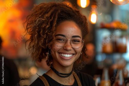 Smiling woman with glasses in a warmly lit cafe