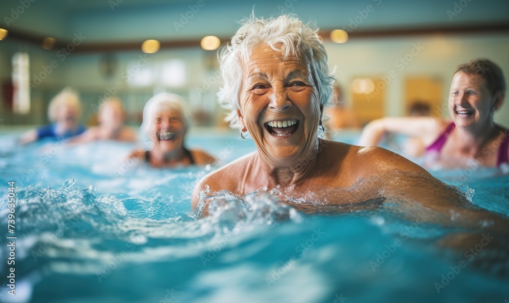 Active senior women enjoy an aqua fit class in a pool, exuding joy and camaraderie while embodying a healthy and retired lifestyle.
