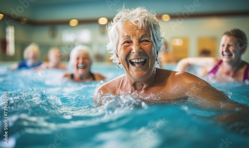 Active senior women enjoy an aqua fit class in a pool, exuding joy and camaraderie while embodying a healthy and retired lifestyle. 