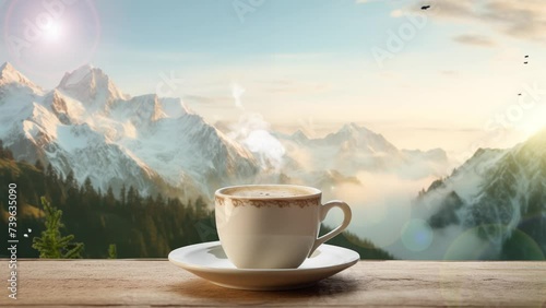 morning coffee cup with alpine mountain view morning. seamless looping overlay 4k virtual video animation background 