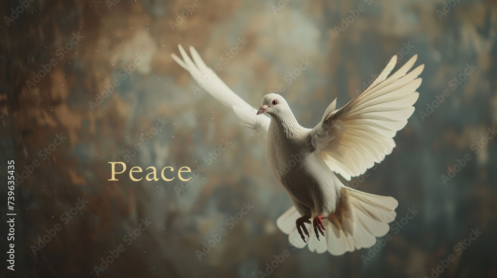 Dove in flight against an abstract background with "Peace" text, harmony concept. - obrazy, fototapety, plakaty 