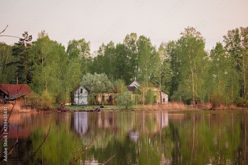 Obraz premium An old wooden house in the forest on the shore of a lake. Village landscape