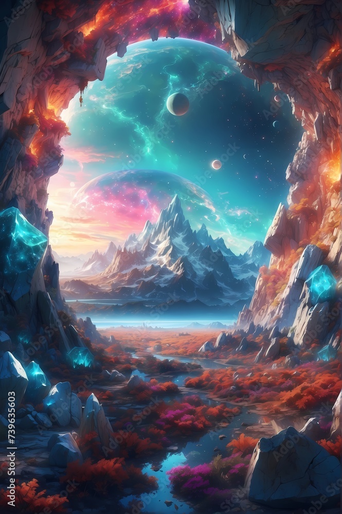 Illustration of a far off planet with colorful and vibrant flora and many moons.