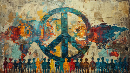 Colorful peace sign over world map with multicultural silhouettes.