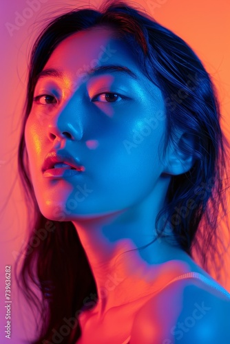 Elegant Korean Woman Posing in Red and Blue Light. Generative AI