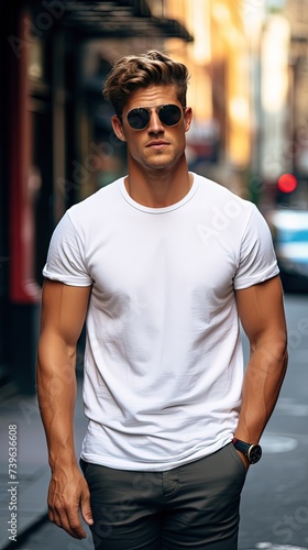 Male Latin model in classic plain white cotton t-shirt on city street. Suitable for clothing mockup, e-commerce websites, fashion blogs or product advertisements. 
