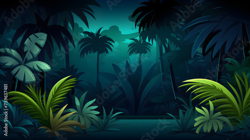 illustration of dark jungle at night with palm trees foliage and full moon