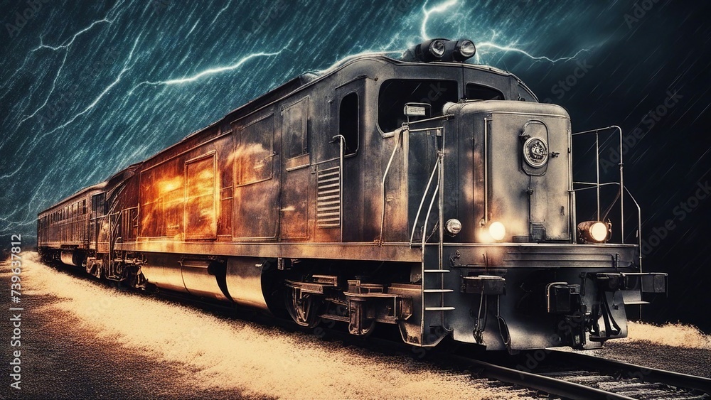 Obraz premium train on the railway train driving through fire and ice, with lightning sinister astral cosmic 