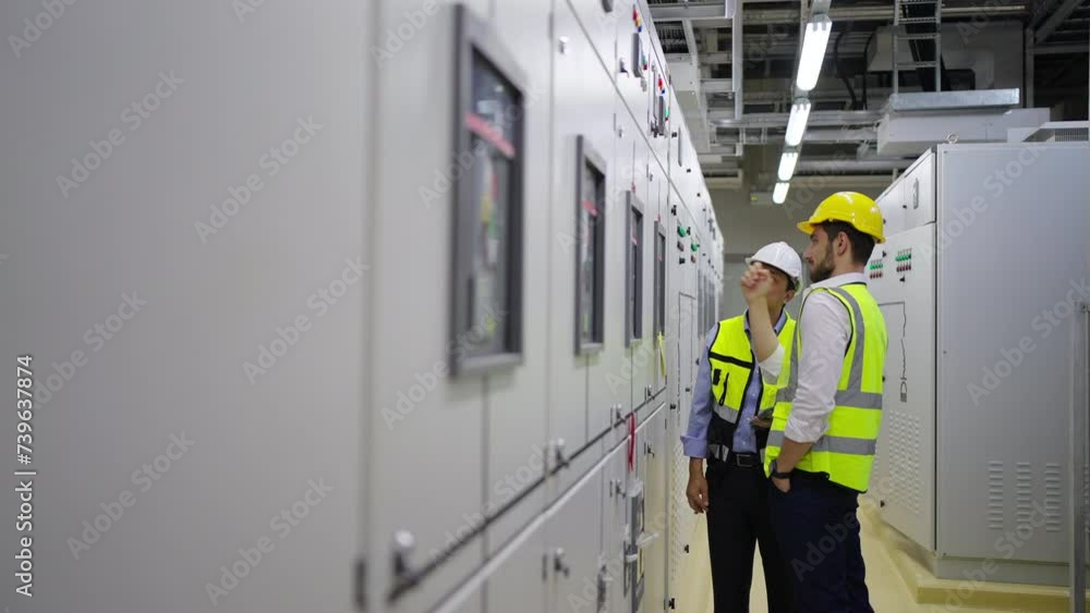 Professional electrical engineer in safety uniform working at factory server electric control panel room. Industrial technician worker maintenance checking power system at manufacturing plant room. Professional electrical engineer in safety uniform working at factory server electric control panel room. Industrial technician worker maintenance checking power system at manufacturing plant room.