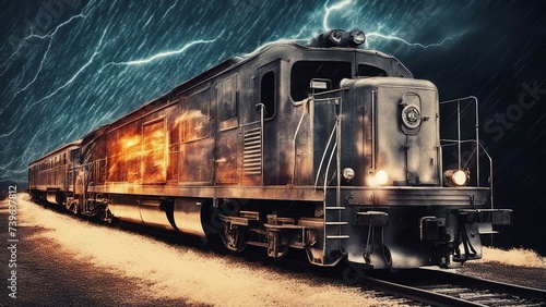 train on the railway train driving through fire and ice, with lightning sinister astral cosmic 