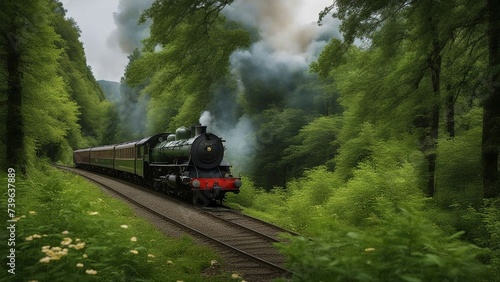 steam train in the forest _A burning classic train  on fire   with a bronze funnel and a green coach   