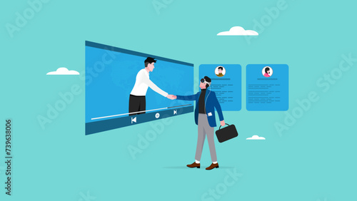 work communication using mixed reality headset with virtual reality and augmented reality technology, business people shaking hand via social media using virtual reality technology vector illustration