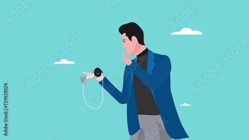 businessman who was amazed by mixed reality headset which combines virtual reality and augmented technology concept vector illustration with flat design style