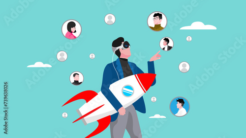 work communication using mixed reality headset with virtual reality and augmented reality technology, business people seek information from business partners through virtual reality technology