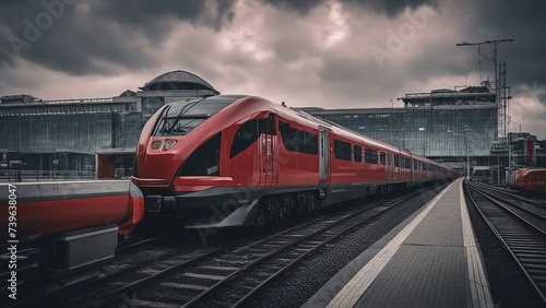 train on the railway _A red train that stands out against the gray railway station. The train is sleek and modern, 