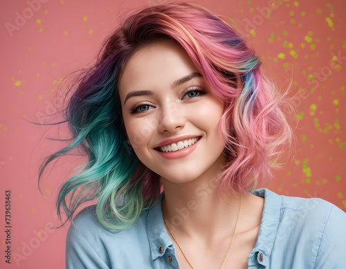 The woman with rainbow hair is smiling, her blue shirt contrasting with the vibrant colors. Her forehead, face, hair, nose, smile, lips, chin, eyebrows, eyes, and mouth all radiate happiness