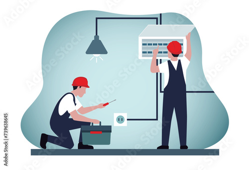 Electricians in the uniform repair electrical elements. Electric switchboards, transformers, distribution boards with tools.