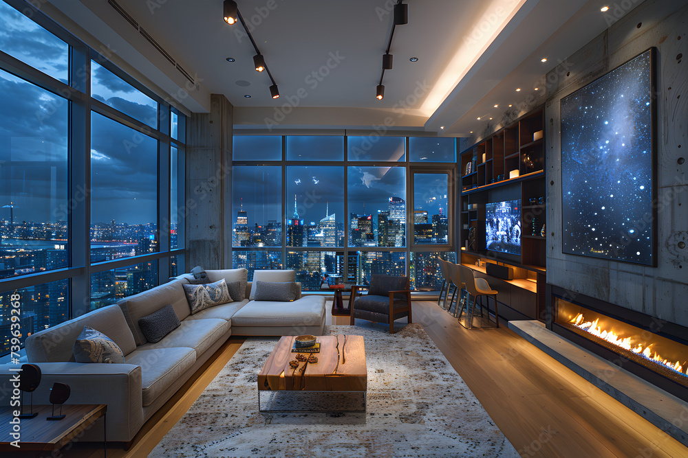 A sophisticated penthouse suite with modern furniture, overlooking a city skyline under a starry night sky.