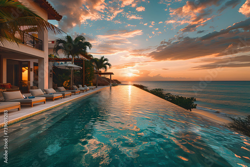 A luxurious beach resort with private cabanas and crystal clear pools, under a picturesque sunset. photo