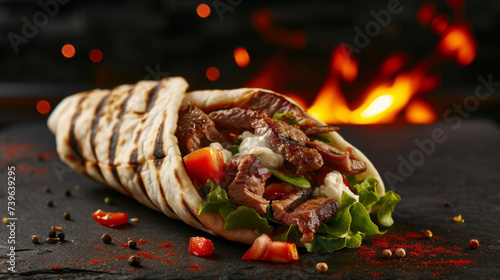 Juicy layers of seasoned meat slowroasted to juicy perfection over an open flame served on a fluffy pita with crisp lettuce juicy tomatoes and a generous serving of creamy photo