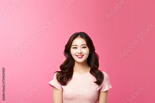 Korean women pose happy realistic photo hd . one color background, copy space - generative ai