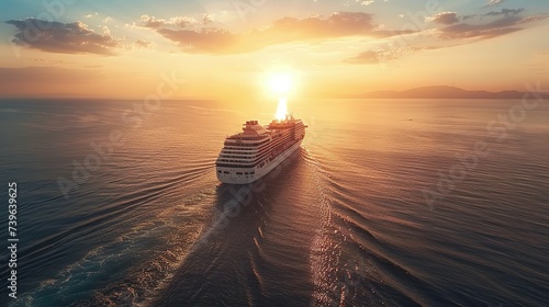 Luxury cruise ship sailing to port on sunrise