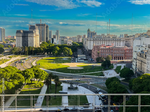 Beautiful aerial footage of Plaza de Mayo, the Casa Rosada Presidents house, The Kirchner Cultural Centre, in Puerto Madero. Buenos Aires, Argentina. photo