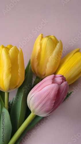 Photo Of Set Of Pink And Yellow Tulips  Flowers  Bouquet Of Pink And Yellow Tulips  Pink Tulip Close Up  Isolated On A White Background