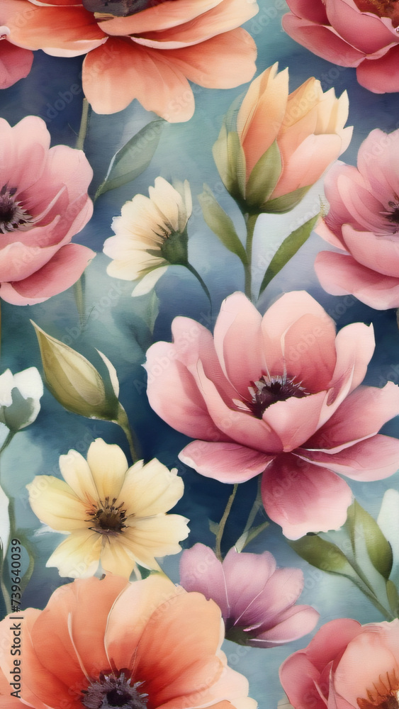 Photo Of Watercolor Flowers Seamless Background, , Fabric Design, Beautiful Flower Pattern. Photo Of Watercolor Flowers Seamless Background, , Fabric Design, Beautiful Flower Pattern.