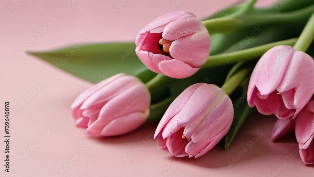 Photo Of Beautiful Bunch Of Pink Tulips Flowers On Decent Pastel Rose Background The Background Offers Lots Of Space, Text. Photo Of Beautiful Bunch Of Pink Tulips Flowers On Decent Pastel Rose Background The Background Offers Lots Of Space, Text.