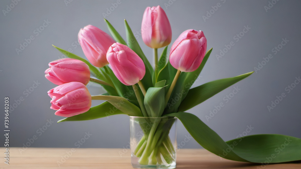Photo Of Pink Tulip Bouquet On A Plain Background Shot With Soft Light. Photo Of Pink Tulip Bouquet On A Plain Background Shot With Soft Light.