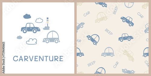Cartoon Transportation Background for Kids. Cartoon card and seamless pattern set with cars. Kids pattern. Vector illustration. Cute designs for fabric, textile, wallpaper, wrapping, card