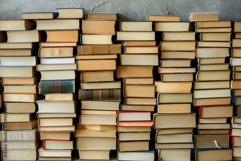 Front view of stock of books on minimalistic background or stock of books for world book day background, copy space - generative ai Front view of stock of books on minimalistic background or stock of books for world book day background, copy space - generative ai