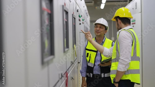 Professional electrical engineer in safety uniform working at factory server electric control panel room. Industrial technician worker maintenance checking power system at manufacturing plant room.