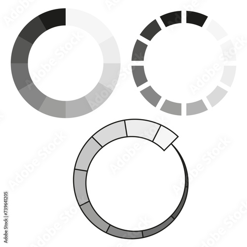 Circular progress indicators. Segmented loader graphics. Infographic elements for data. Vector illustration. EPS 10.