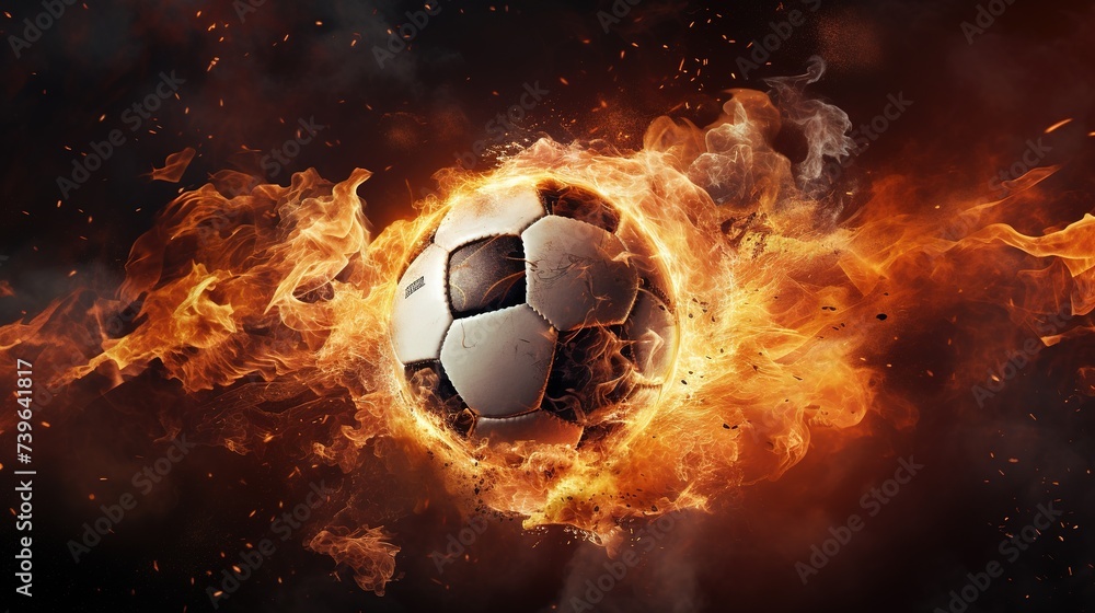 Fototapeta premium Flying football or soccer ball on fire. Isolated on black background