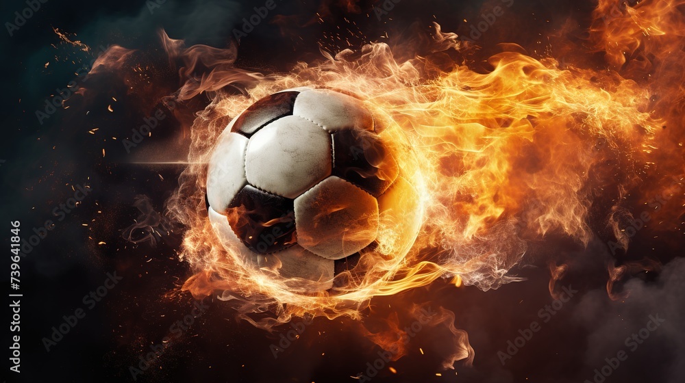Fototapeta premium Flying football or soccer ball on fire. Isolated on black background
