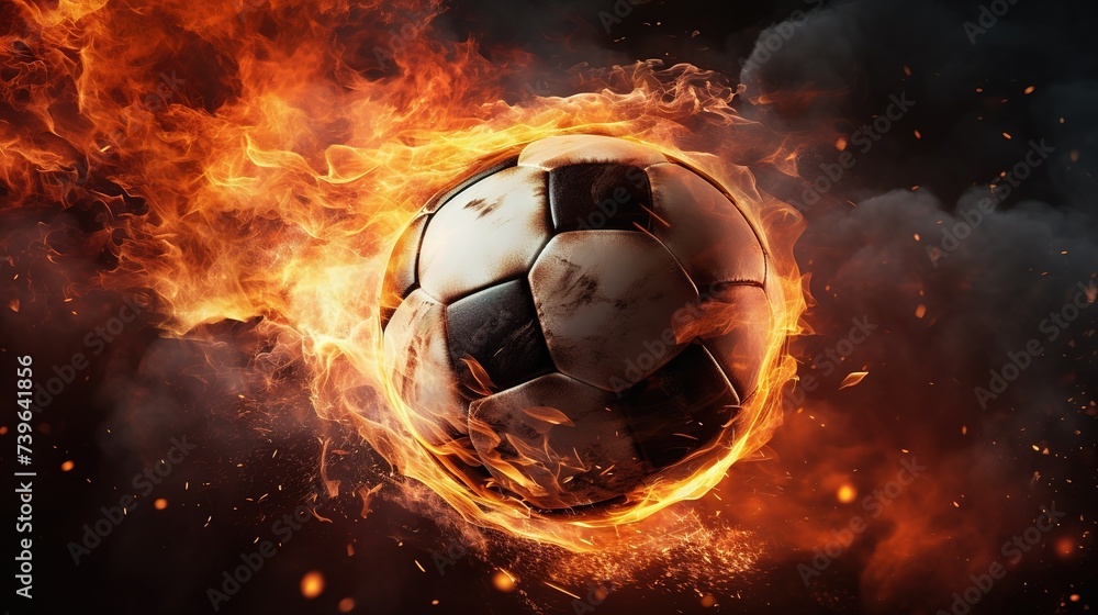 Fototapeta premium Flying football or soccer ball on fire. Isolated on black background