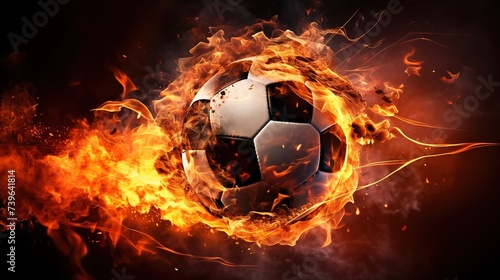 Flying football or soccer ball on fire. Isolated on black background