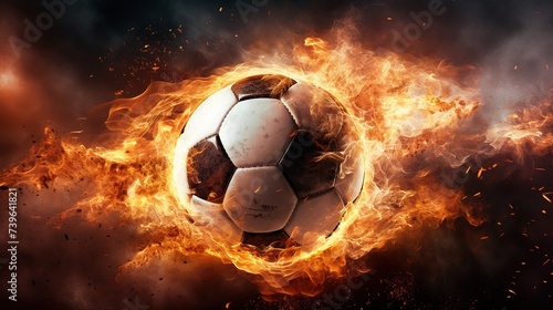 Flying football or soccer ball on fire. Isolated on black background © Vasiliy