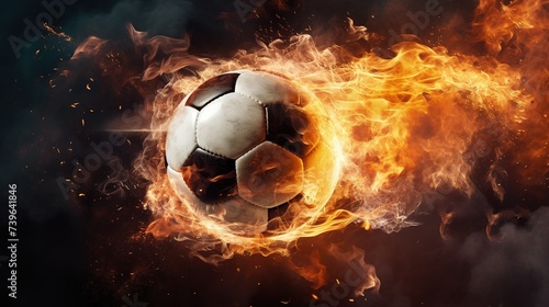 Flying football or soccer ball on fire. Isolated on black background