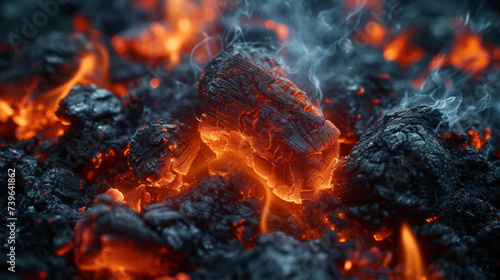 Closeup of whitehot flames engulfing pieces of wood leaving behind charred textures. photo