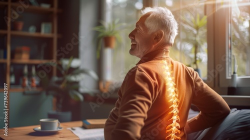 Senior man with back pain at home Spine physical therapist and patient. chiropractic pain relief therapy. Age-related back ache © ND STOCK