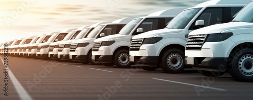 Transporting service company. White delivery vans in row. Parkende Autos, vehicle. Commercial fleet. Generative AI 