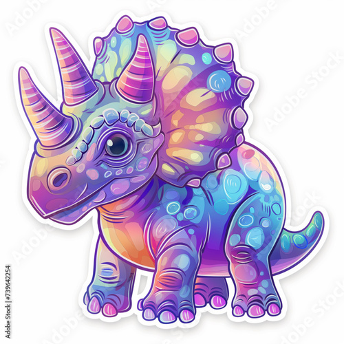 A cute cartoon triceratops with glittering colors isolated on a white background. Dinosaur illustrations for nursery posters, cards, t-shirts, books, stickers, birthday invitations, and wall art.