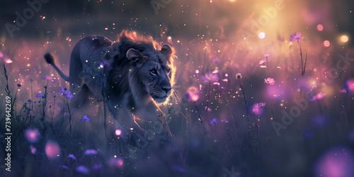 A nimble lion bathed in soft lavender glow, surrounded by a million floating and twinkling fireflies in a magical twilight forest called Luminescent Land