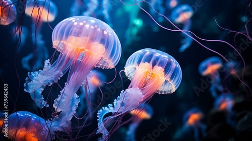 Glowing jelly fish in aquarium background. 