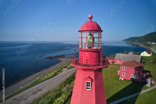aerial drone image of The Mercury Bath Fresnel lens of the La Martre Lighthouse on the Gaspe Peninsual in Quebec Canada